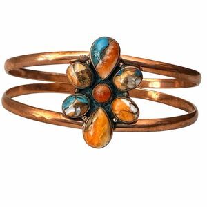Copper Cuff Bracelet Turquoise Spiny Oyster Multicolor Stone